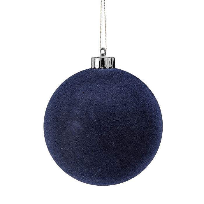 Regency 120 MM 4.72 inch navy blue flocked ball Christmas ornament with soft velvet-like finish, sold in a box of three.
