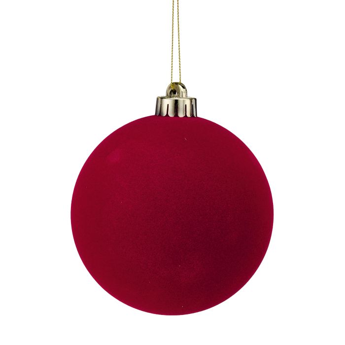 Regency 120 MM 4.72 inch red flocked ball Christmas ornament with soft velvet-like finish, sold in a box of three