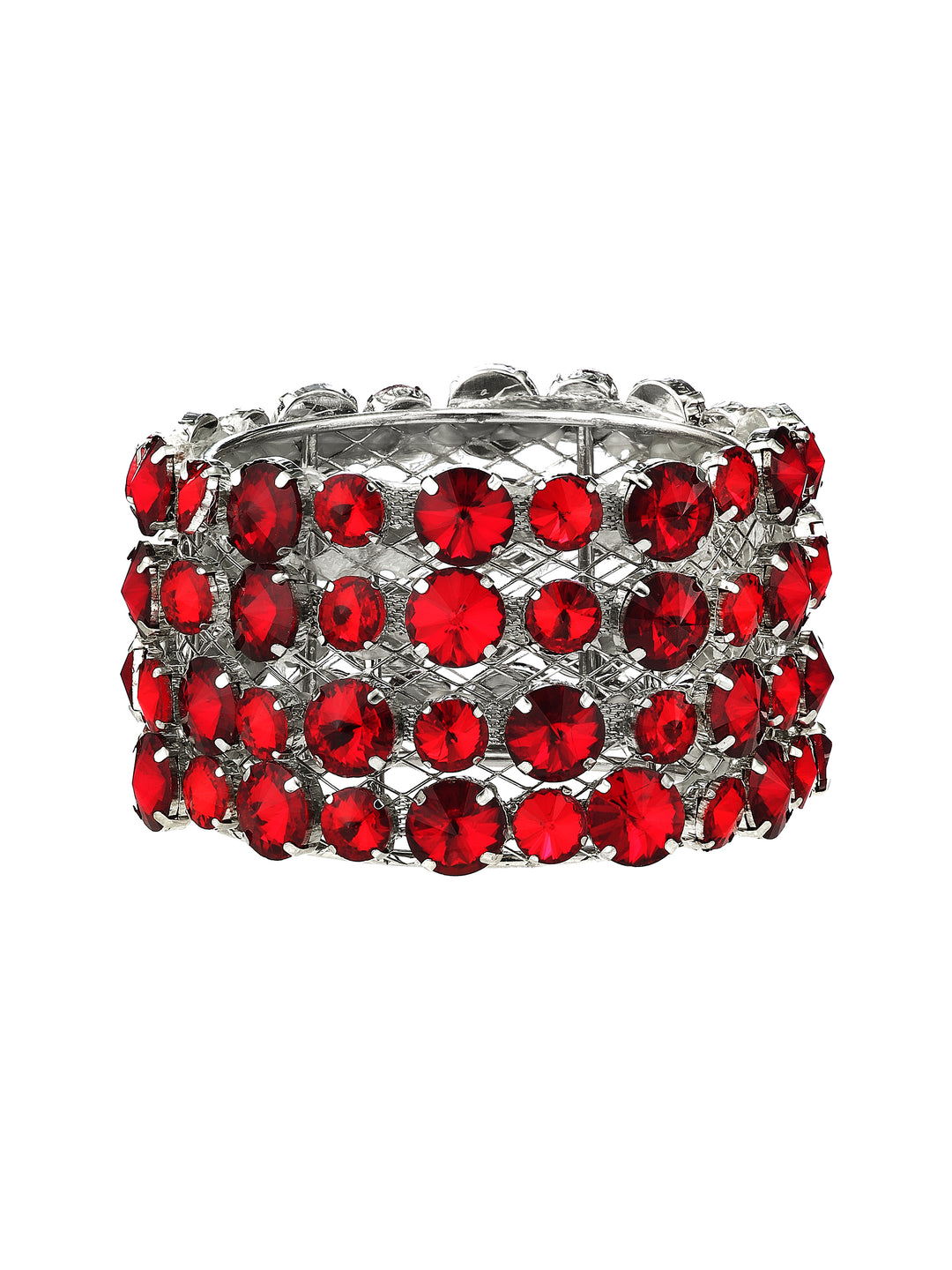 Regency 4.25 x 3.25 inch red faux diamond bow cuff in silver with faceted red jewels for Christmas and Valentine’s Day designer bows.
