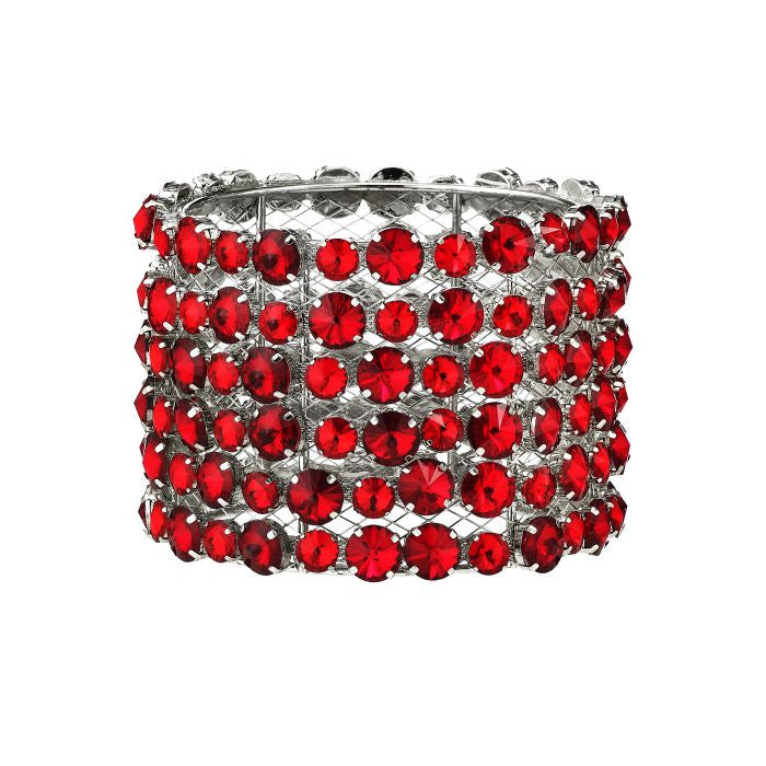 Regency 5.25 x 4.25 inch red faux diamond bow cuff in silver with faceted red jewels for oversized designer bows and holiday décor.