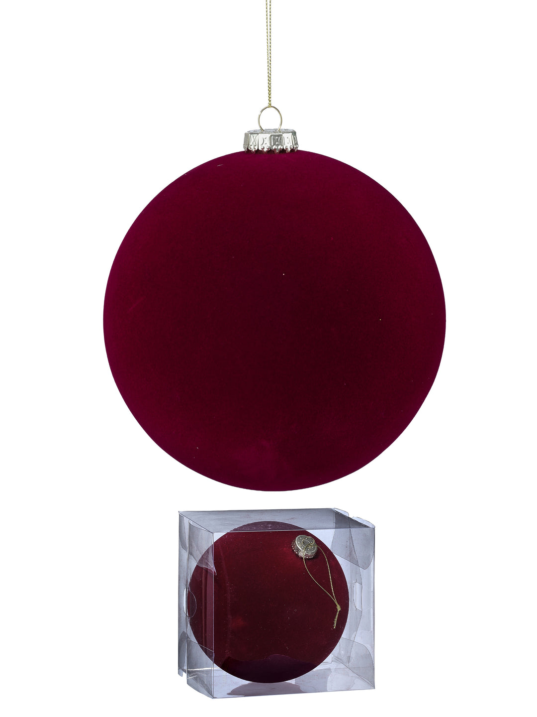 Regency 100 MM burgundy flocked ball ornament with velvet-like finish for Christmas trees, wreaths, garlands and elegant seasonal décor.