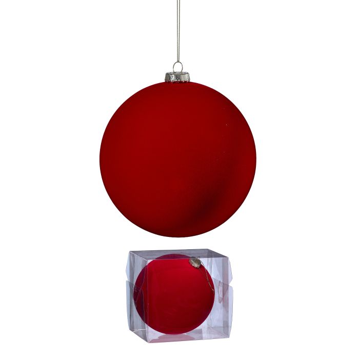 Regency 150 MM red flocked ball ornament with velvet-like finish for Christmas trees, wreaths, garlands and elegant seasonal décor.