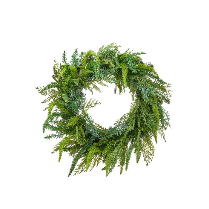 Regency 26 inch UV Natural Touch mixed evergreen wreath with realistic layered green foliage for indoor, covered outdoor and Christmas décor.