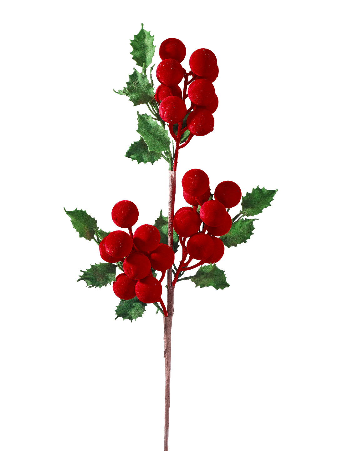 Regency 24 inch red and green flocked holly berry spray with red berry clusters and green holly leaves for Christmas trees, wreaths and holiday décor.