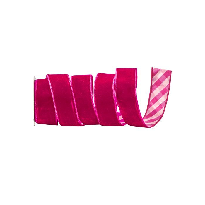 Regency 2.5 inch x 10 yard hot pink velvet wired ribbon with pink plaid reverse for bows, wreaths, Christmas trees and seasonal décor.