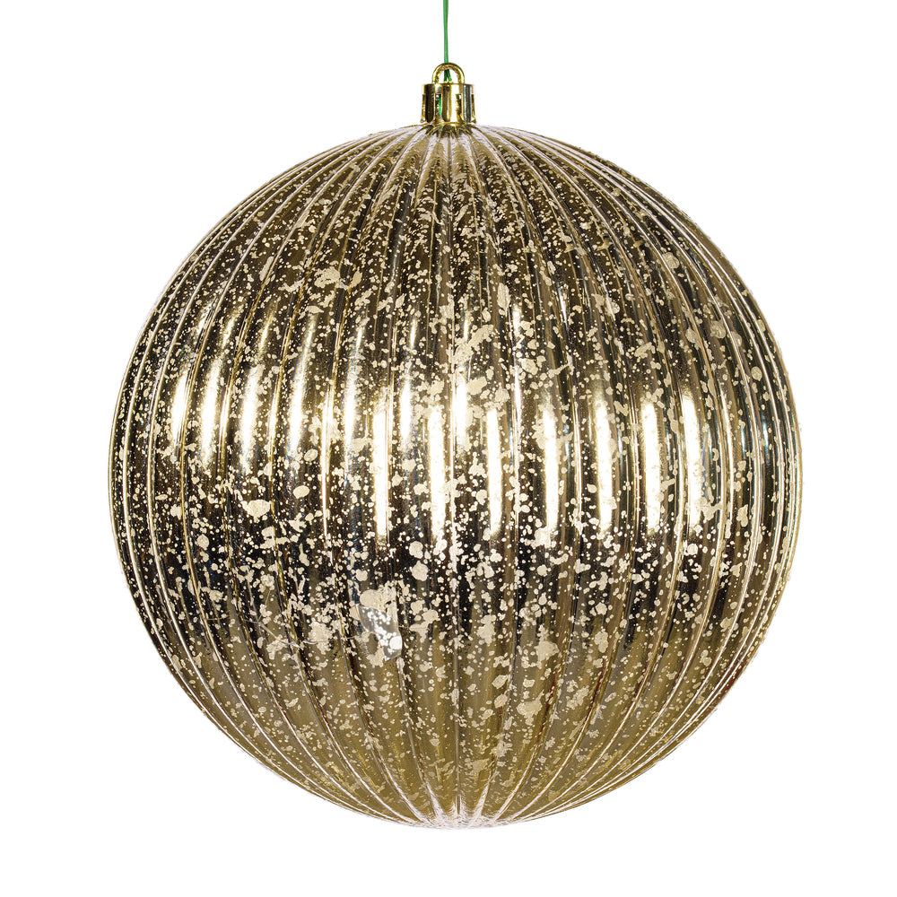 Vickerman 6-inch champagne gold shiny lined mercury ball Christmas ornaments with ribbed texture and vintage mercury finish, set of four, perfect for luxury Christmas trees, wreaths, garlands, centerpieces, and elegant holiday decorating.