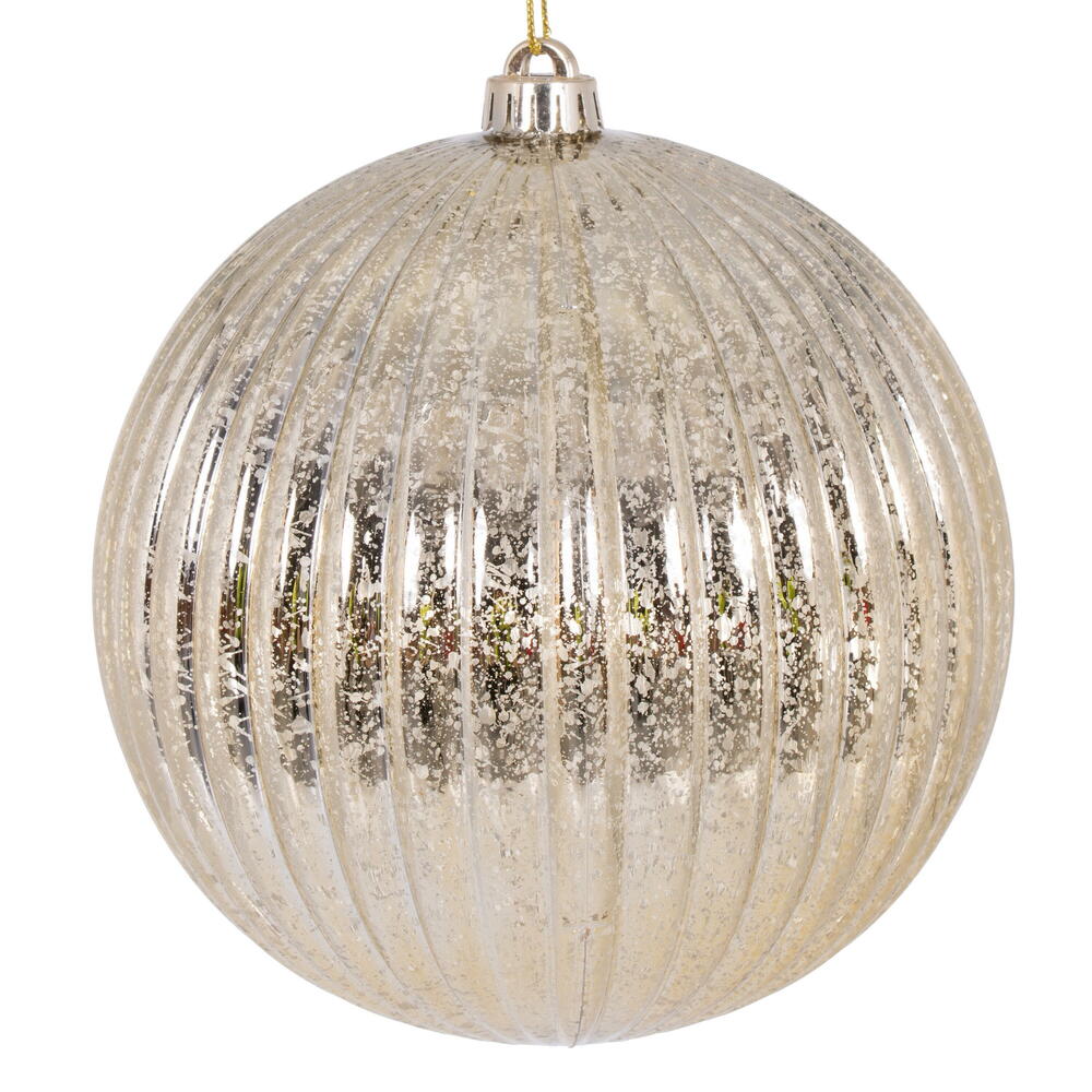 Vickerman 4-inch champagne gold shiny lined mercury ball Christmas ornaments with vintage mercury finish and ribbed texture, set of six, perfect for Christmas trees, wreaths, garlands, centerpieces, and elegant holiday decorating.