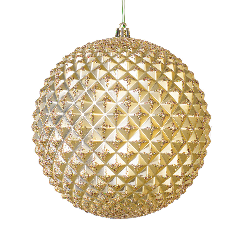 Vickerman 6-inch champagne gold durian glitter ball Christmas ornaments with textured geometric design, set of four, perfect for luxury Christmas trees, wreaths, garlands, centerpieces, and elegant holiday decorating