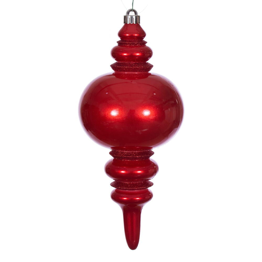 Vickerman 13 inch red candy glitter shatterproof UV-resistant finial Christmas ornament, perfect for designer Christmas trees, wreaths, garlands, porch planters, outdoor holiday decorating, and luxury Christmas displays.