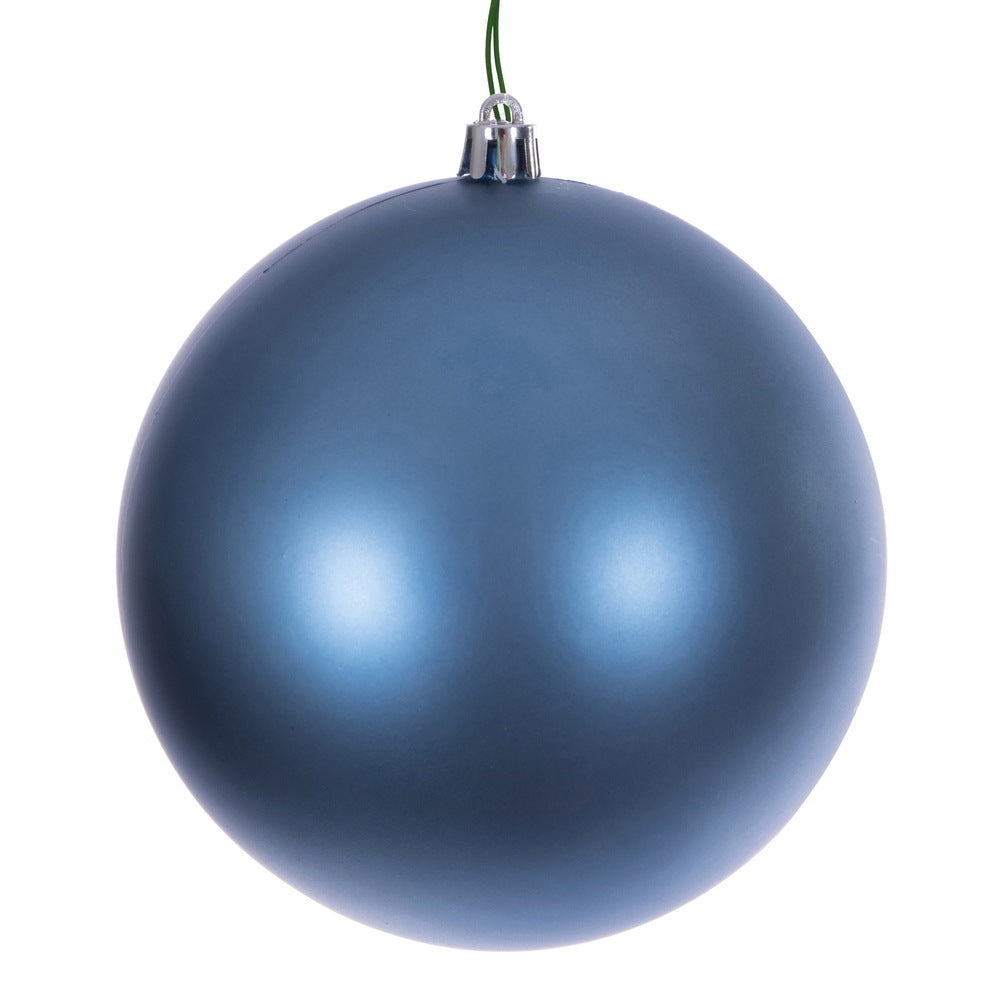 Vickerman 4.75 inch denim blue matte UV-resistant shatterproof ball ornaments, bag of 4, with drilled caps and floral wire, perfect for Christmas trees, wreaths, garlands, porch planters, and outdoor holiday decorating.
