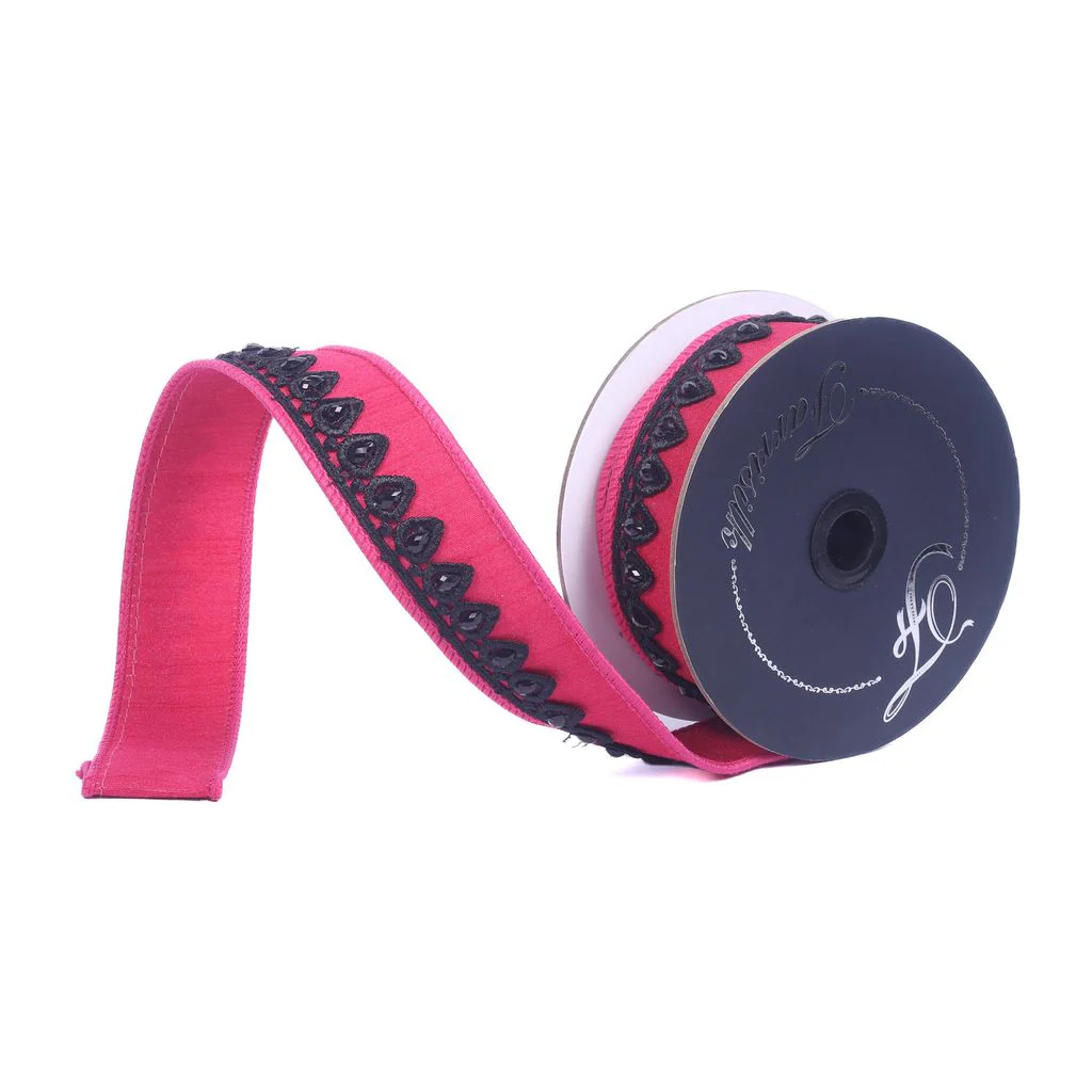Farrisilk 2.5 inch x 5 yard Hot Pink and Black Spellbound wired ribbon featuring hot pink dupioni fabric with black embroidered decorative trim, perfect for Halloween wreaths, floral arrangements, luxury bows, gothic décor, gift wrapping, and DIY crafts