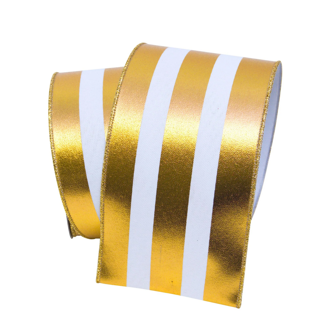Farrisilk 4 inch x 10 yard gold foil vertical striped wired ribbon in metallic gold and white for luxury wreath bows, Christmas tree decorating, floral arrangements, weddings, and elegant home décor