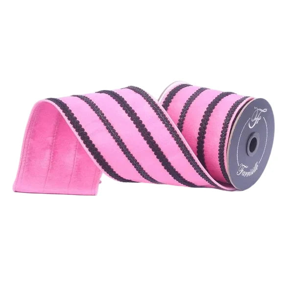 Farrisilk LUXURY 4 inch x 10 yard hot pink with black cableknit trim wired ribbon for Halloween, Valentine's Day, designer bows, wreaths, floral arrangements, and luxury home décor.