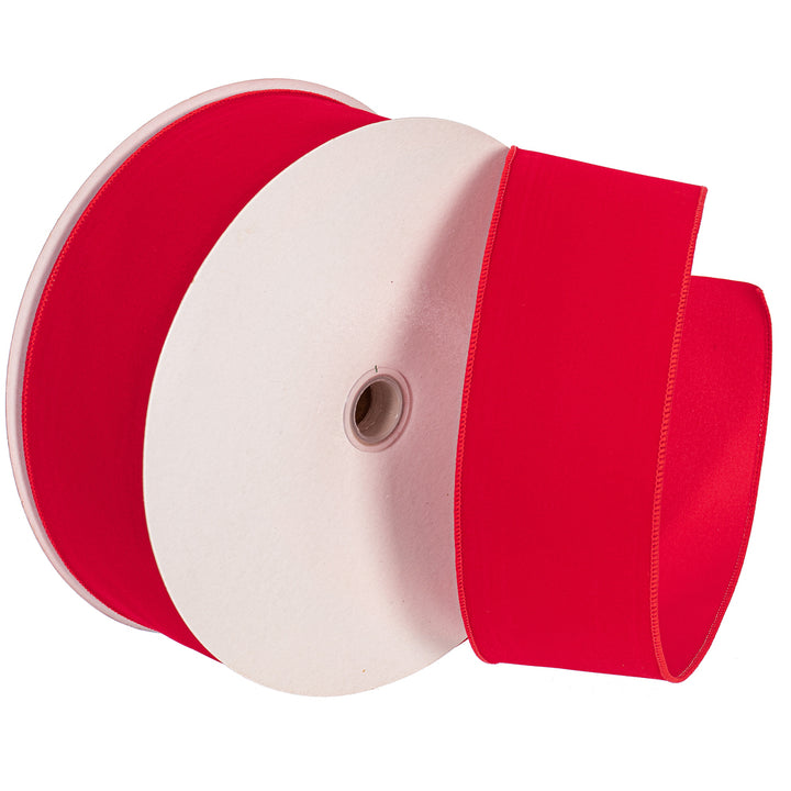 Vickerman 3 inch red velvet outdoor wired ribbon on a 50-yard roll, perfect for outdoor wreaths, garlands, mailbox bows, Christmas trees, commercial holiday displays, and luxury holiday decorating.
