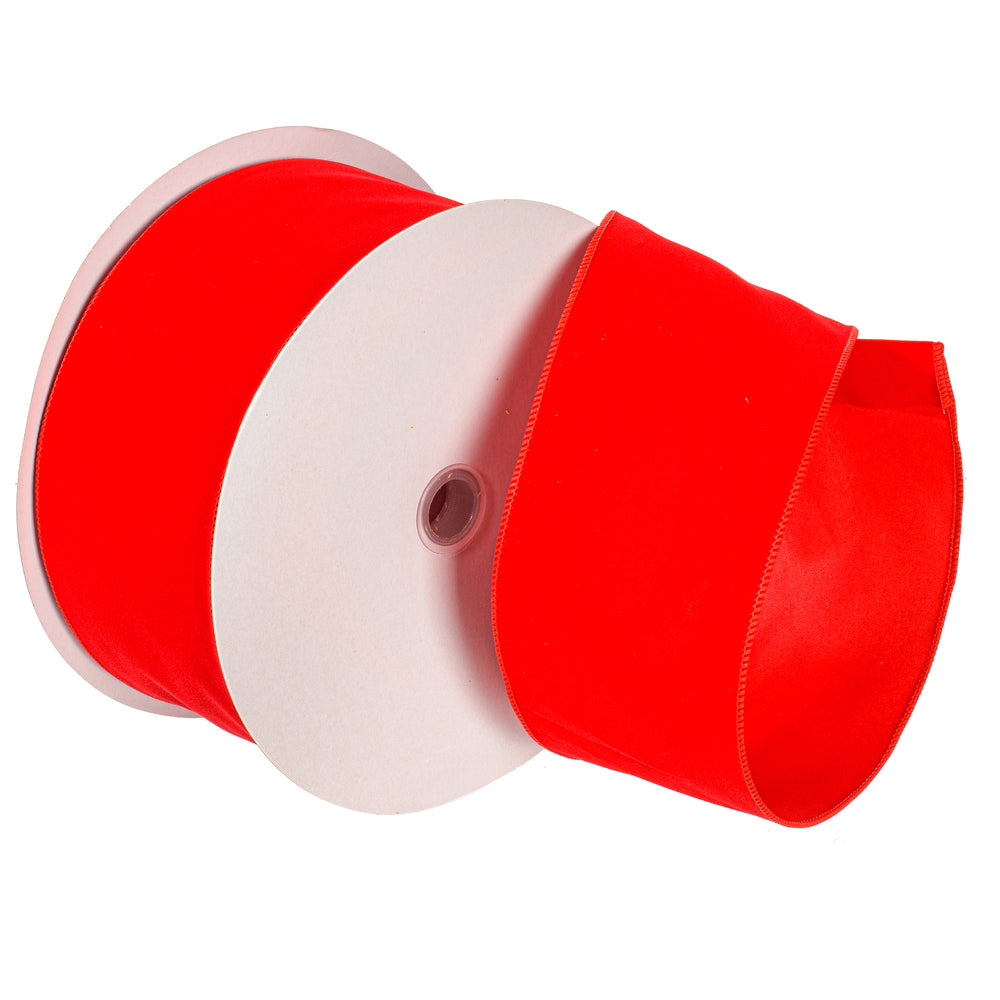 Vickerman 4 inch red velvet outdoor wired ribbon on a 50-yard roll, perfect for oversized Christmas bows, outdoor wreaths, garlands, mailbox bows, commercial holiday displays, and luxury holiday decorating.