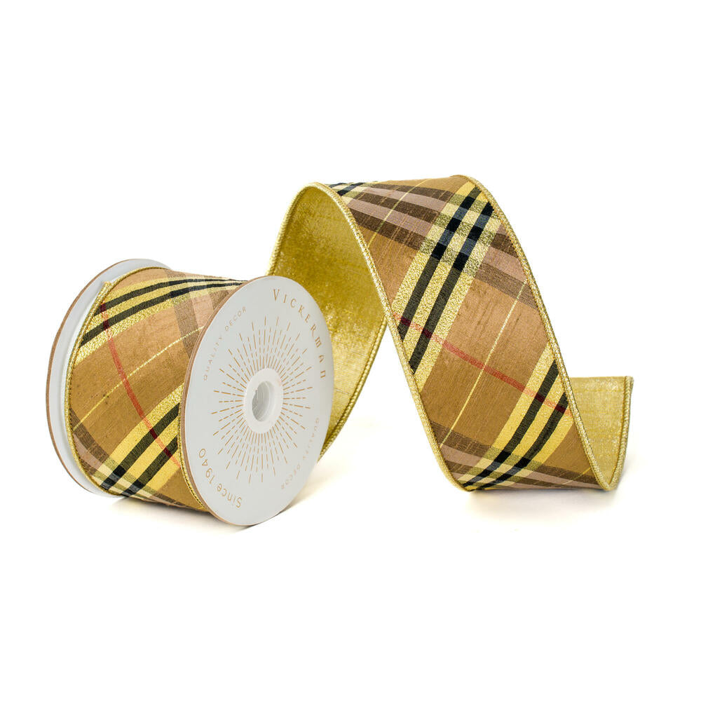 Vickerman 2.5 inch gold and black diagonal plaid structured wired ribbon with metallic gold back for luxury bows, wreaths, Christmas trees, garlands, floral arrangements, and home décor.
