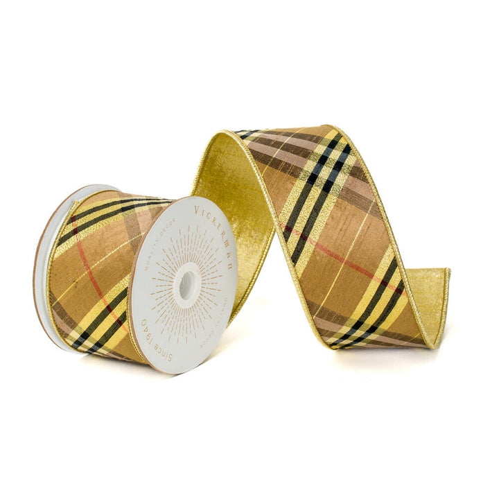 Vickerman 2.5 inch gold and black diagonal plaid structured wired ribbon with metallic gold back for luxury bows, wreaths, Christmas trees, garlands, floral arrangements, and home décor.
