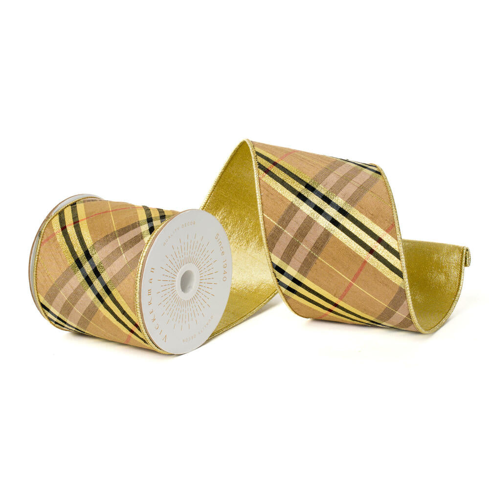 Vickerman 4 inch gold and black diagonal plaid structured wired ribbon with metallic gold reverse, perfect for designer bows, Christmas wreaths, trees, weddings and luxury home décor.