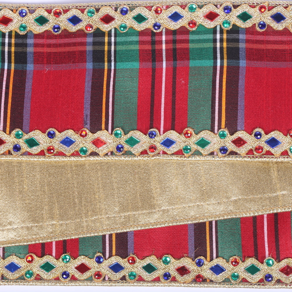 Vickerman 4 inch multi plaid structured wired ribbon with jeweled trim and champagne gold reverse, perfect for designer bows, Nutcracker wreaths, Christmas trees and luxury holiday décor.