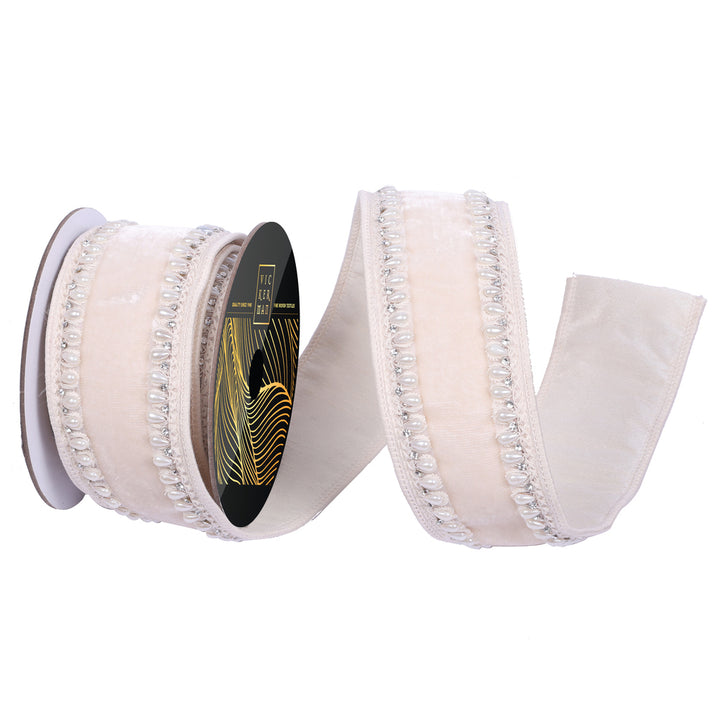 Vickerman 2.5 inch ivory velvet wired ribbon with pearl-inspired jewel trim, crystal accents, and wired edges, perfect for luxury bows, wreaths, Christmas trees, wedding décor, floral arrangements, and elegant home décor.