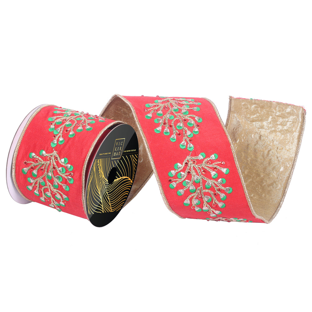 Vickerman 4 inch red dupion wired ribbon with embroidered green and metallic gold leaf design, sparkling red jewel accents, champagne gold backing, and wired edges for luxury Christmas wreaths, designer bows, trees, garlands, and elegant holiday décor.