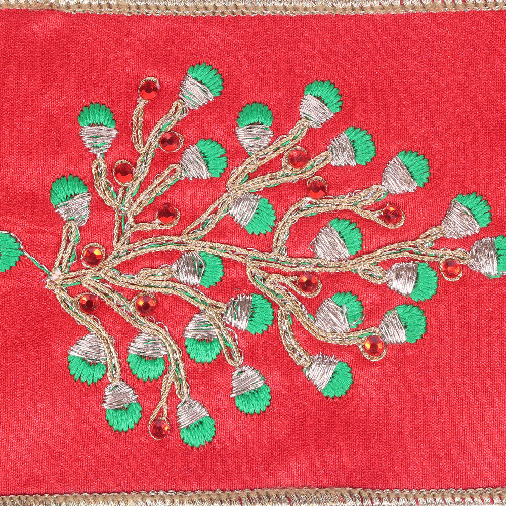 Vickerman 4" x 5 YD Red Dupion with embroidered Green and Gold Leaf with Red Jewels Wired Ribbon