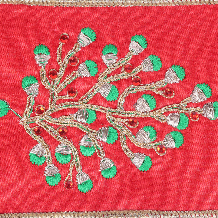 Vickerman 4" x 5 YD Red Dupion with embroidered Green and Gold Leaf with Red Jewels Wired Ribbon