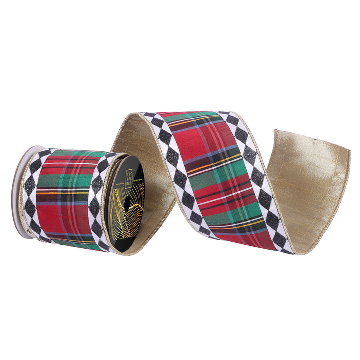 Vickerman 4 inch multi tartan plaid wired ribbon with black and white glitter diamond edge, champagne gold backing, and wired edges, perfect for luxury bows, wreaths, Christmas trees, garlands, floral arrangements, and elegant holiday décor.