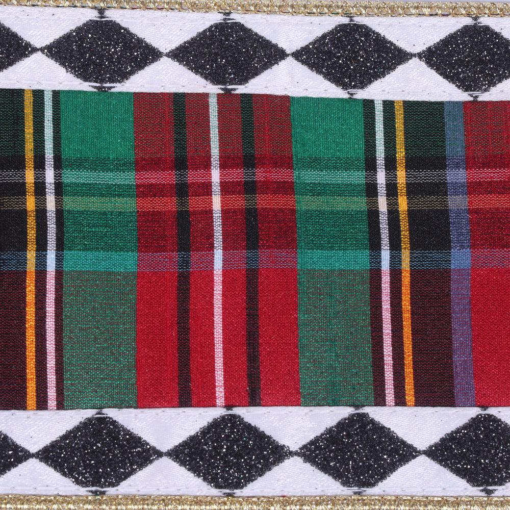 Vickerman 4" x 10 YD Multi Tartan with Black and White Diamond Edge Wired Ribbon
