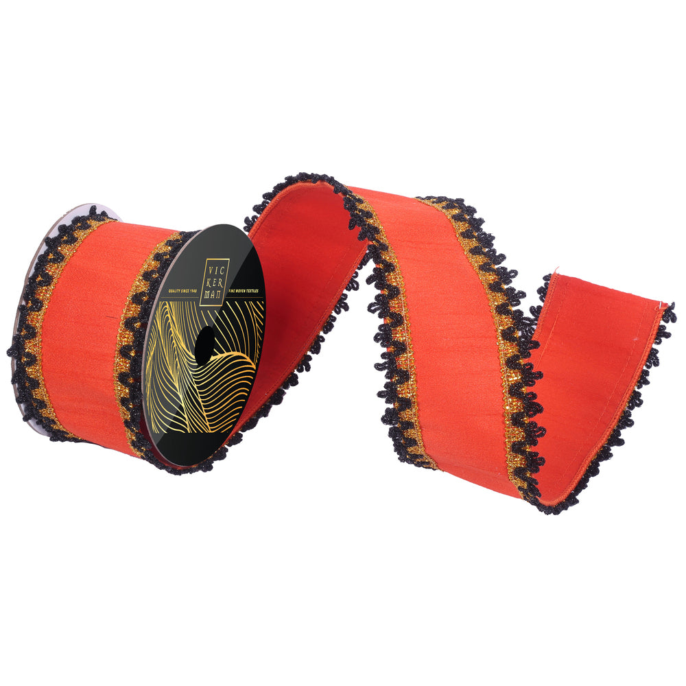 Vickerman 3 inch orange faux dupioni structured wired ribbon with black decorative trim and metallic gold edging for luxury Halloween bows, wreaths, garlands, lanterns, and designer décor.