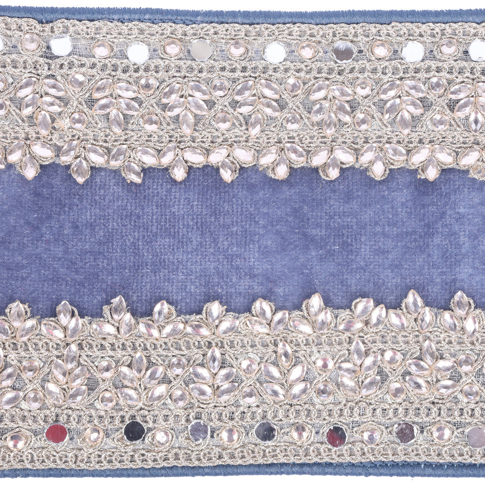 Vickerman 4" x 5 YD Denim Blue Velvet with Jewel Trim Wired Ribbon
