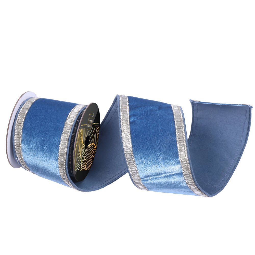 Vickerman 4 inch sea blue velvet wired ribbon with sparkling silver beaded jewel trim, luxury designer ribbon for Christmas tree bows, wreaths, garlands, floral arrangements, winter décor, and elegant home decorating.