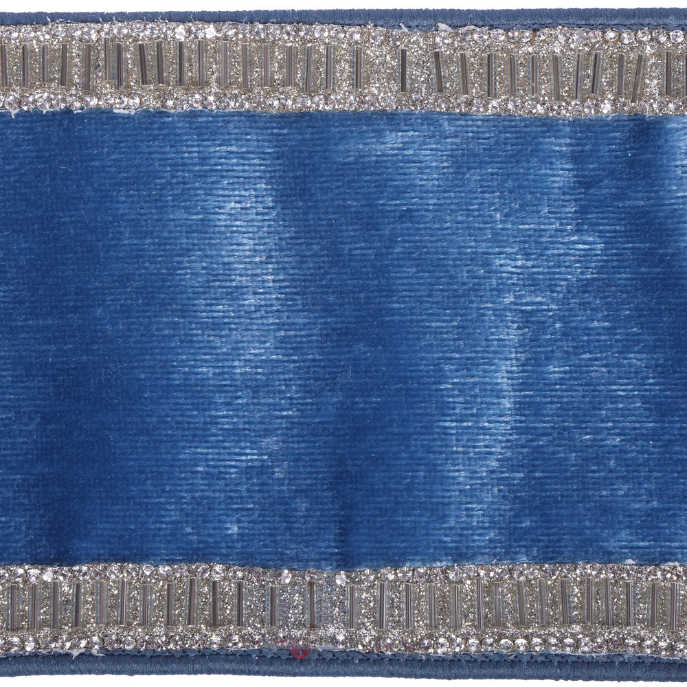 Vickerman 4" x 5 YD Sea Blue Velvet Luster with Beaded Jewel Edge Wired Ribbon