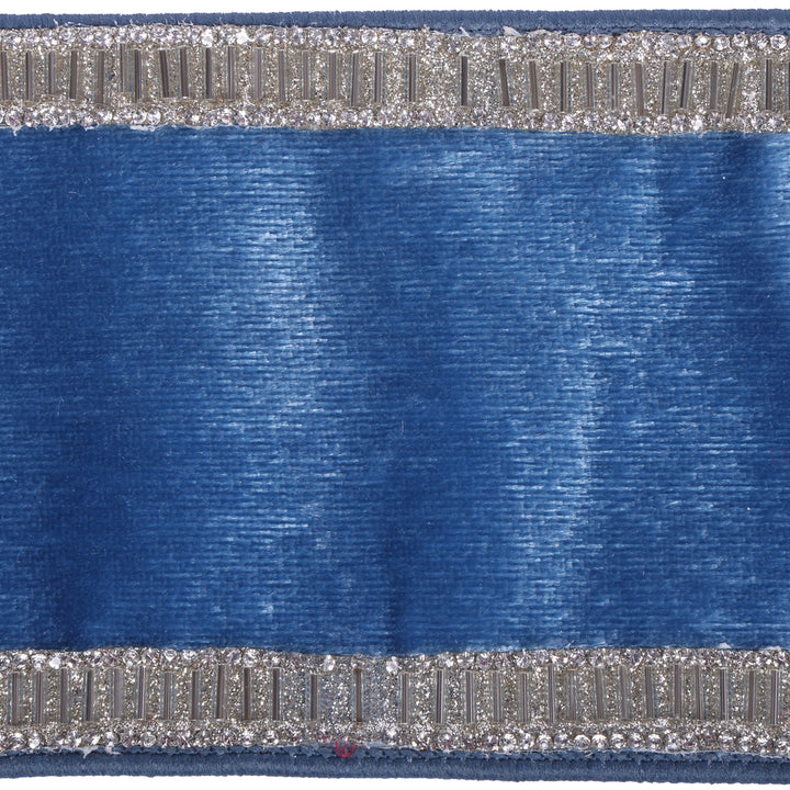 Vickerman 4" x 5 YD Sea Blue Velvet Luster with Beaded Jewel Edge Wired Ribbon