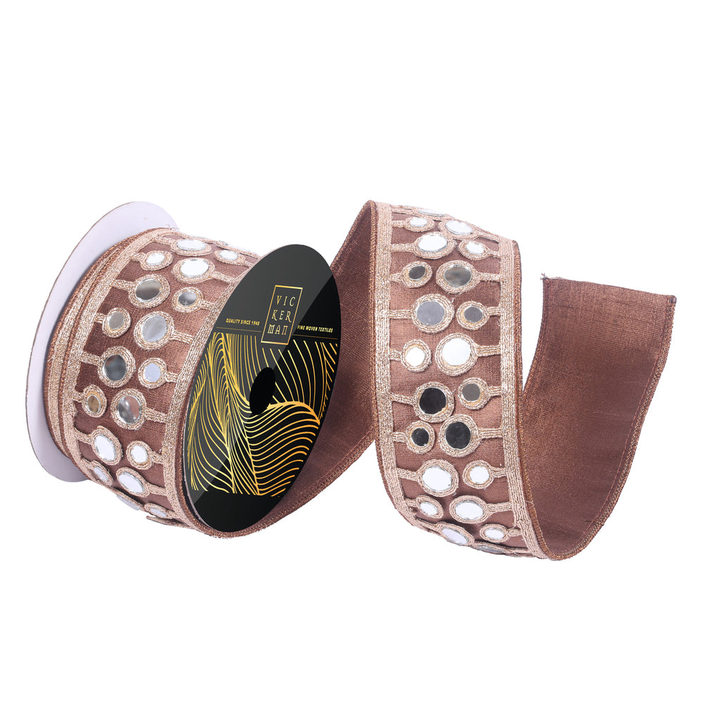 Vickerman 2.5 inch chocolate brown wired ribbon with metallic gold embroidered circle pattern and reflective mirror accents, perfect for luxury bows, wreaths, Christmas trees, floral arrangements, garlands, and elegant home décor.