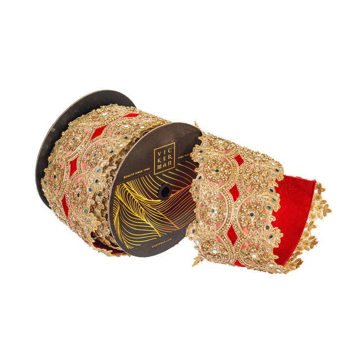 Vickerman 4 inch red velvet wired ribbon with scalloped champagne gold embroidered jewel appliqué, crystal accents, mirrored details, and wired edges, perfect for luxury Christmas bows, wreaths, garlands, floral arrangements, and elegant holiday decorating.