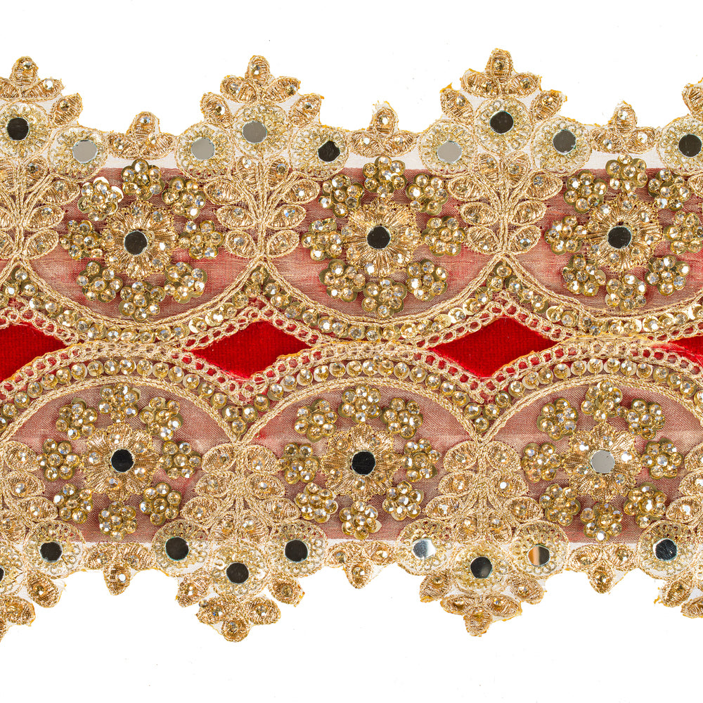 Vickerman 4" x 10 YD Red Velvet with Scalloped Champagned Gold Jewel Applique Wired Ribbon