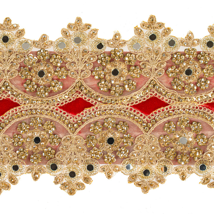 Vickerman 4" x 10 YD Red Velvet with Scalloped Champagned Gold Jewel Applique Wired Ribbon