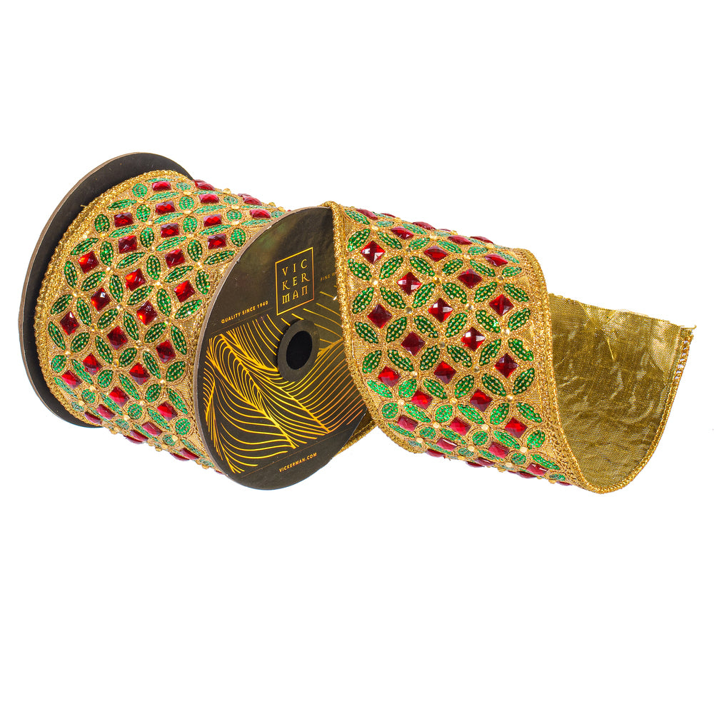 Vickerman 4 inch red jewel and green sequin structured wired ribbon with metallic gold reverse, perfect for luxury designer bows, Christmas wreaths, Nutcracker décor, garlands and elegant holiday displays.