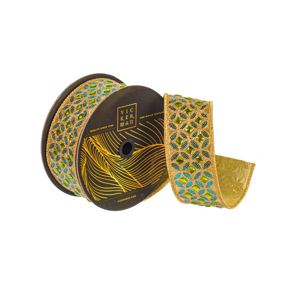 Vickerman 2.5 inch gold structured wired ribbon with lime green jewel accents, teal blue sequins, and metallic gold back, perfect for luxury bows, wreaths, garlands, Christmas trees, and elegant holiday décor.