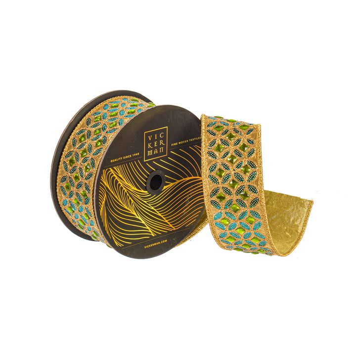 Vickerman 2.5 inch gold structured wired ribbon with lime green jewel accents, teal blue sequins, and metallic gold back, perfect for luxury bows, wreaths, garlands, Christmas trees, and elegant holiday décor.