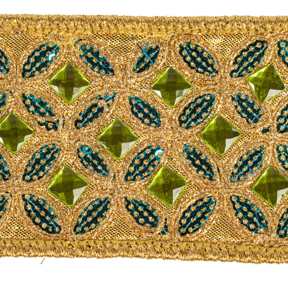 Vickerman 2.5" x 10 YD Gold with Lime Green Jewel and Teal Blue Sequin Wired Ribbon