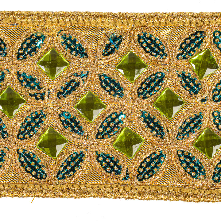 Vickerman 2.5" x 10 YD Gold with Lime Green Jewel and Teal Blue Sequin Wired Ribbon