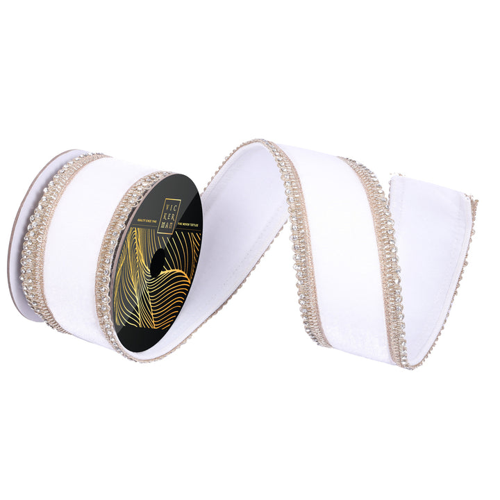 Vickerman 2.5 inch white velvet structured wired ribbon with gold jeweled scallop trim and crystal accents for luxury bows, wreaths, Christmas trees, weddings, and elegant holiday décor.