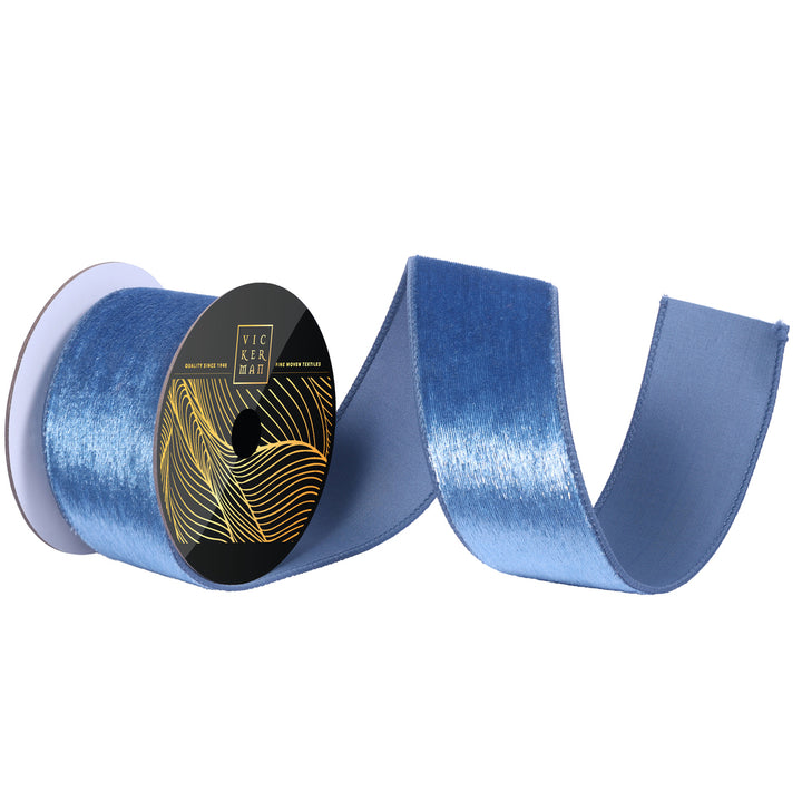 Vickerman 2.5 inch blue velvet luster wired ribbon with coordinating dupion backing, perfect for luxury bows, wreaths, Christmas trees, floral arrangements, gift wrapping, and elegant home décor.