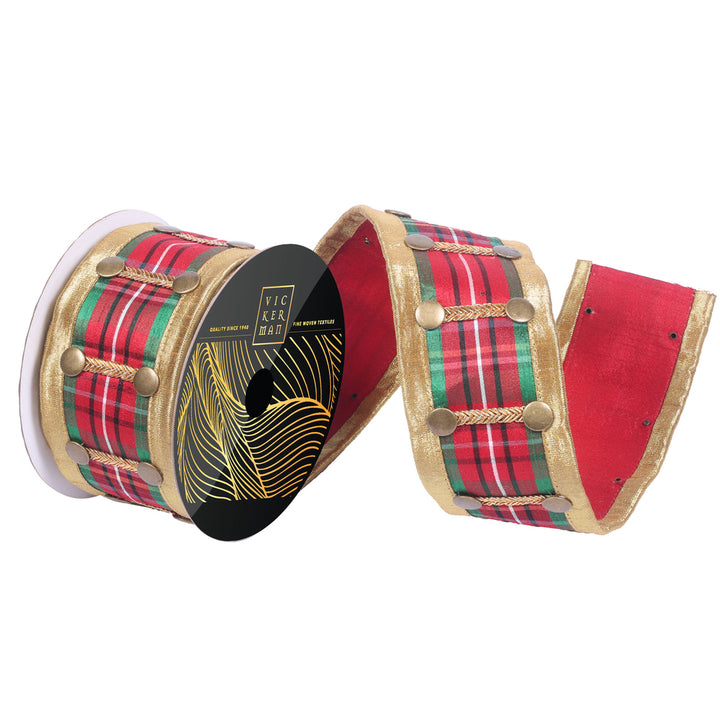 Vickerman 2.5 inch multi tartan plaid wired ribbon with metallic gold edges, decorative braided trim, and antique gold button accents, perfect for Nutcracker Christmas trees, wreaths, garlands, bows, and luxury holiday decorating.