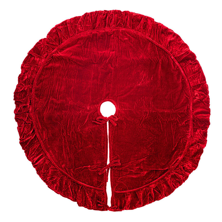 Vickerman 60 inch plush red velvet Christmas tree skirt with gathered 6 inch border, self-cord detail, full lining and tie closures.