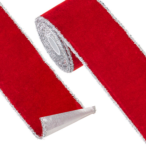 RAZ 4" X 10 YD  Red Velvet Wired Ribbon with SilverTinsel Edge and Silver Back