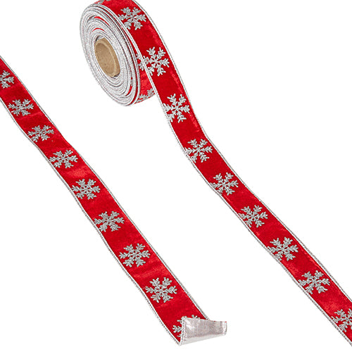 RAZ 1.5" X 10 YD Red and Silver Snowflake Wired Ribbon