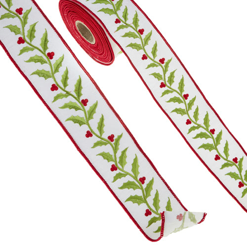 RAZ 2.5" X 10 YD Embroidered Holly Wired Ribbon in Red Green and White